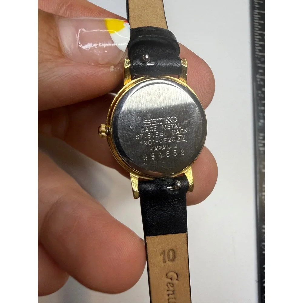 Seiko Quartz Watch 1N01-0E20 Gold Tone Black Dial Black Leather Strap Japan